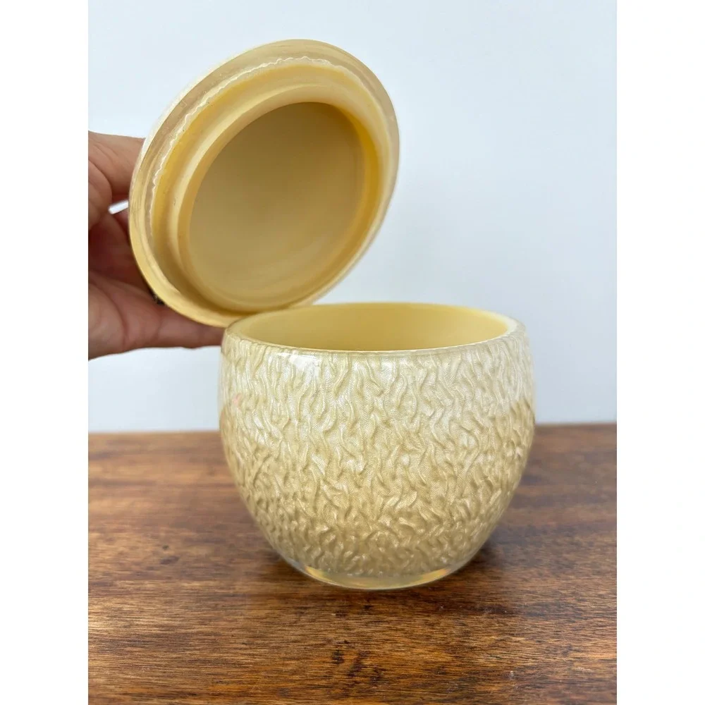 Vintage Yellow Textured Vanity Jar with‎ Lid Mid Century Trinket Canister